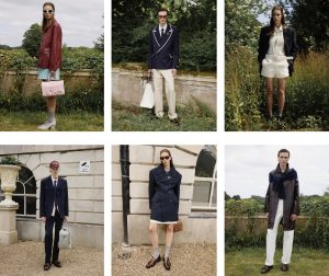 Models wearing Daniel Fletcher’s Mithridate Pre-Spring 2026 collection, showcasing a mix of tailored blazers, structured coats, pastel accents, and playful accessories against lush garden and estate backdrops, embodying a British summer aesthetic with global sophistication